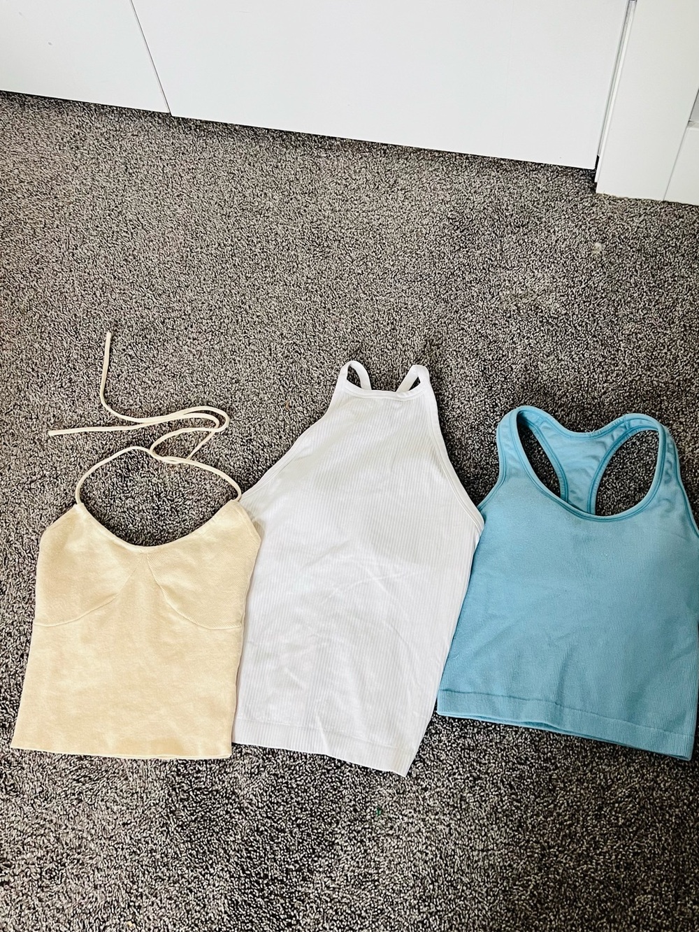 La Hearts Trio: Cream Halter, White Ribbed High-Neck, Blue Racerback Tank